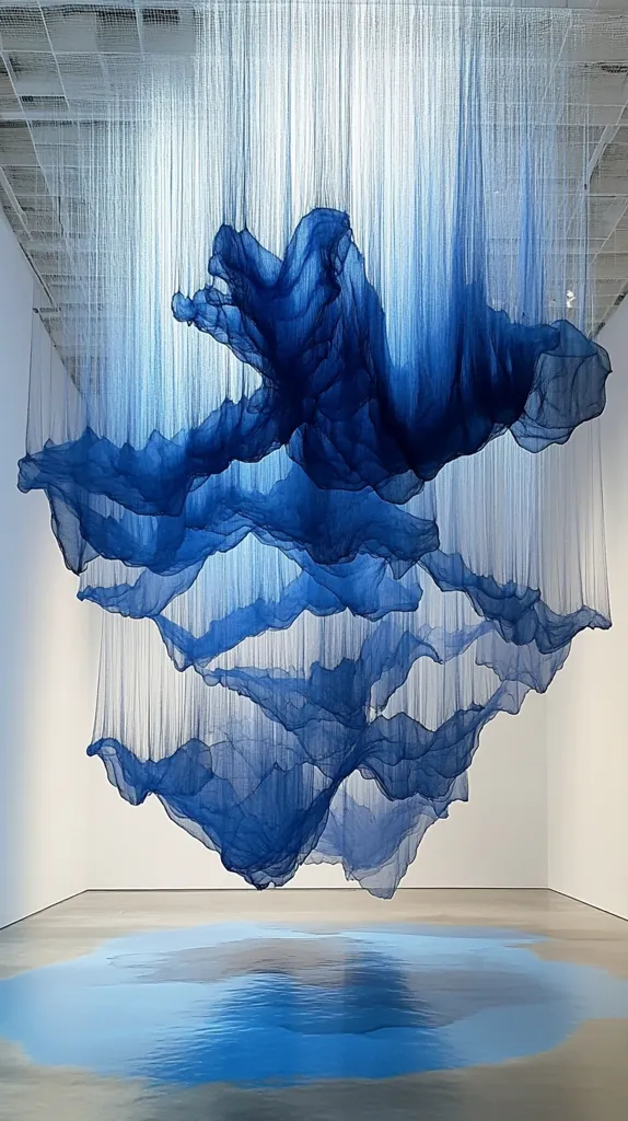 A large-scale art installation featuring layers of blue fabric suspended from the ceiling. The fabric resembles clouds, creating a dramatic and ethereal atmosphere. The floor is painted in a similar blue, reflecting the installation and creating a sense of depth. The artwork evokes feelings of wonder and the vastness of nature.