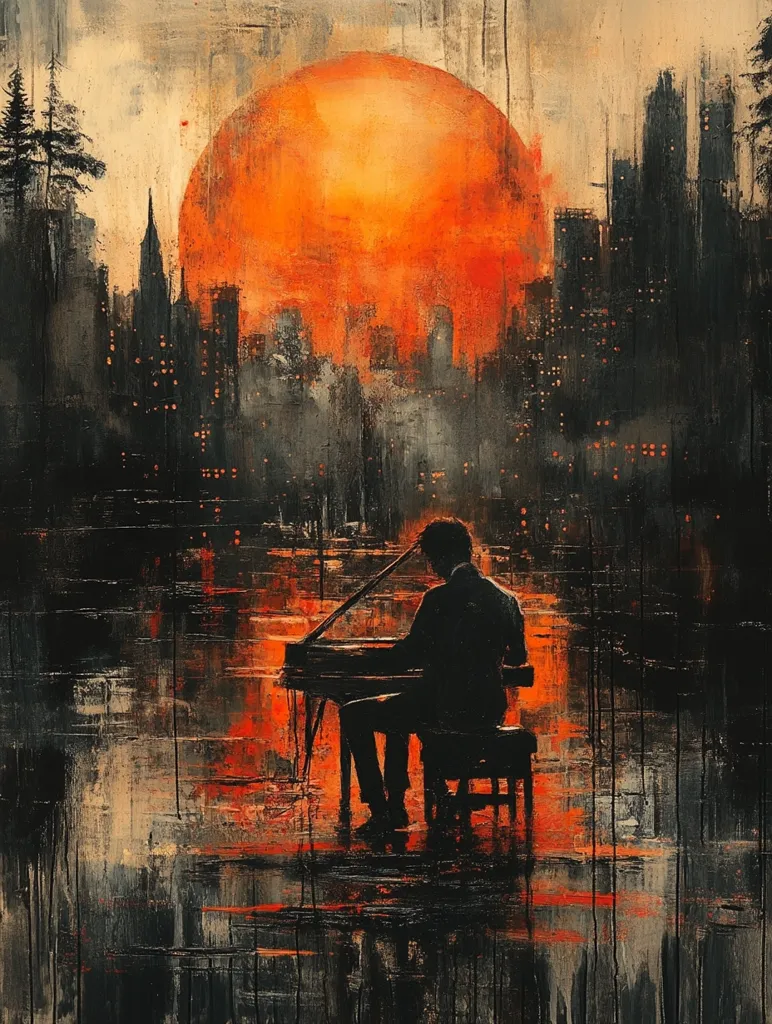 The painting depicts a lone figure sitting at a grand piano in the foreground. The cityscape behind them is shrouded in darkness, with a large, orange sun setting in the distance. The overall feel of the painting is melancholic, with the figure seemingly lost in thought or perhaps playing a sorrowful melody.  The  abstract style of the painting, with its use of bold strokes and strong contrasts, adds to the sense of drama and emotion.