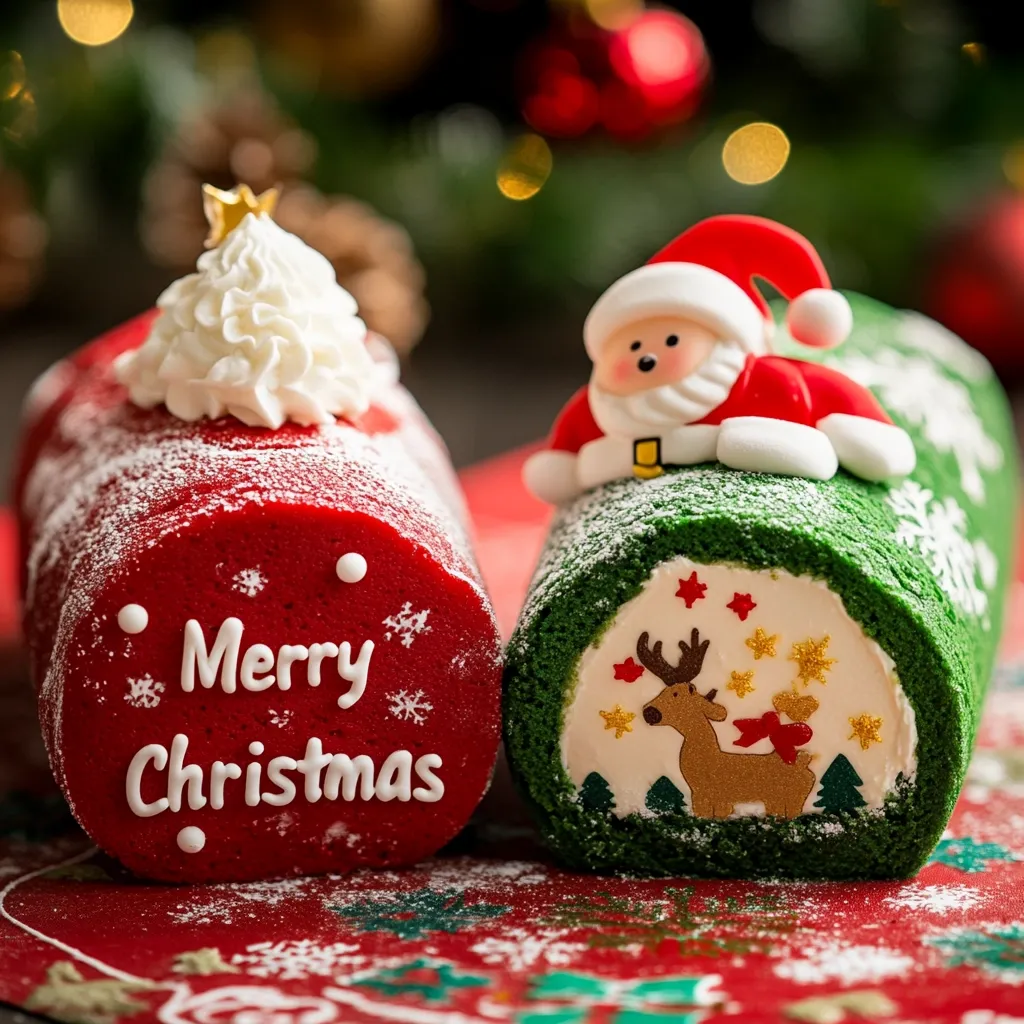 Two Christmas themed yule logs, one red with a white icing Christmas tree and the words "Merry Christmas," the other green with a Santa Claus and a reindeer on the top. The logs sit on a red and white tablecloth.  The background is a blurred out Christmas tree with lights.