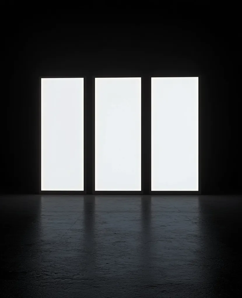 Three large, rectangular windows, evenly spaced, are illuminated from within, casting bright white light onto the dark concrete floor. The room is otherwise completely dark, except for the faint reflections of the windows on the floor. The minimalist design creates a stark contrast between light and shadow.