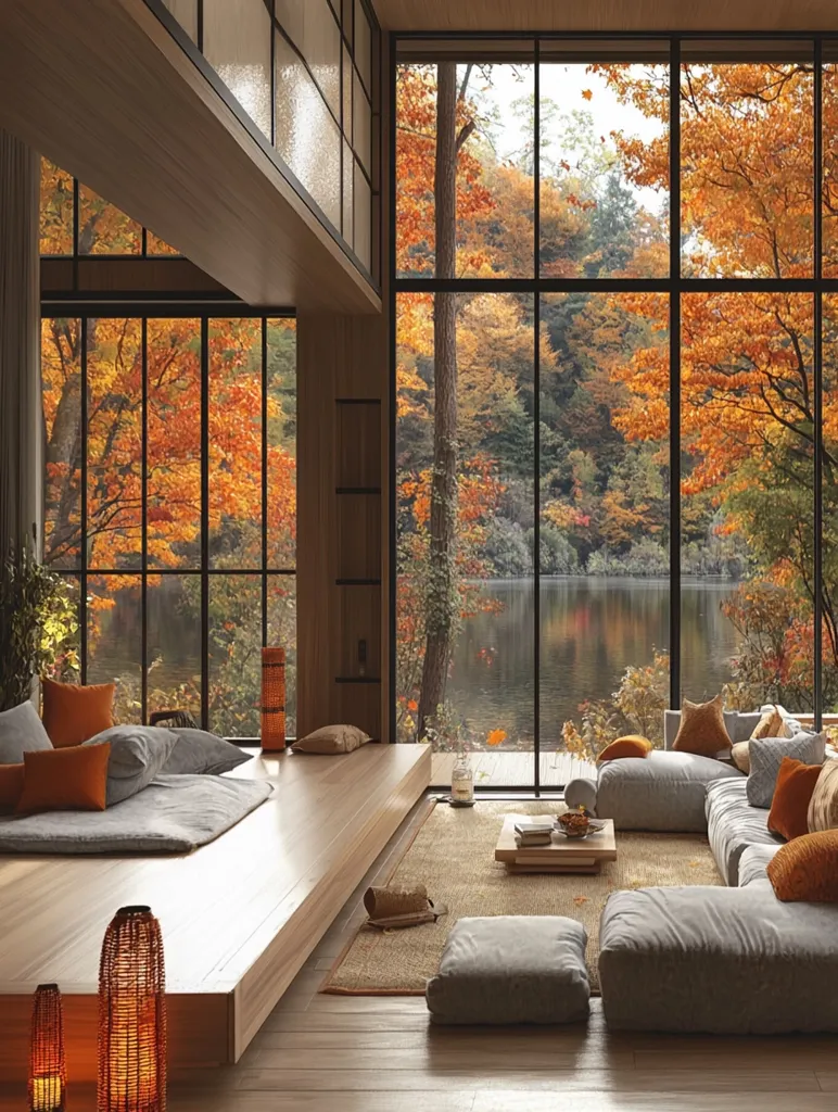 A minimalist living room with a large window overlooking a serene lake and autumn forest. The room features a wooden platform, grey cushions, and a low coffee table. The warm colors of the fall foliage create a cozy and inviting atmosphere.