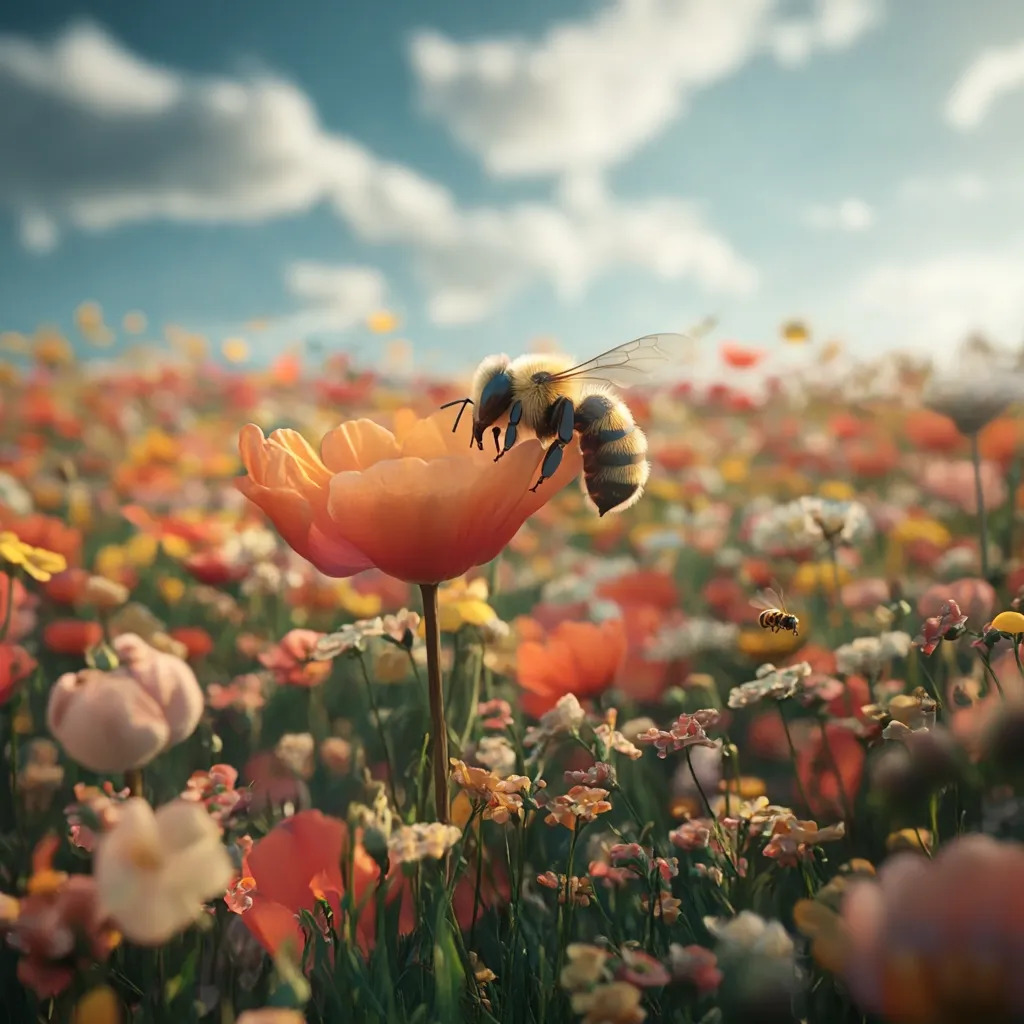 A bee lands on a large, orange poppy flower in a field of wildflowers. The sky is a bright blue with fluffy white clouds. The bee is covered in pollen, and the flower is facing the sun. Other bees can be seen flying in the background. The image evokes a sense of summer warmth and the beauty of nature.
