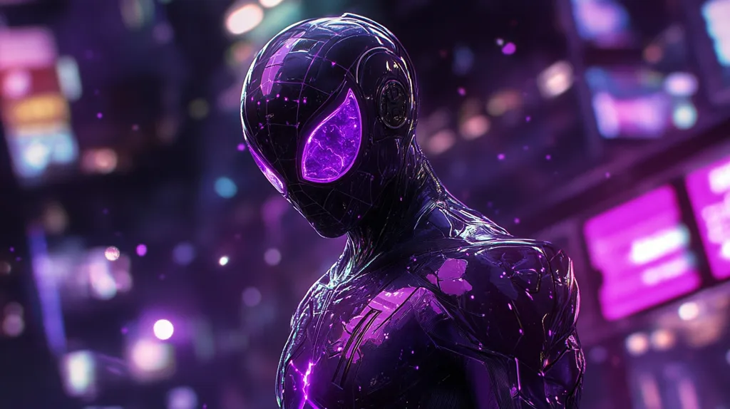 The image shows a futuristic, black and purple superhero with glowing purple eyes. The background is a blurry cityscape filled with glowing purple lights and displays. The superhero is standing in a darkened alleyway, with the bright lights of the city reflecting off their shiny suit. Their pose is mysterious and confident.  The image evokes a sense of power, mystery, and futuristic technology.