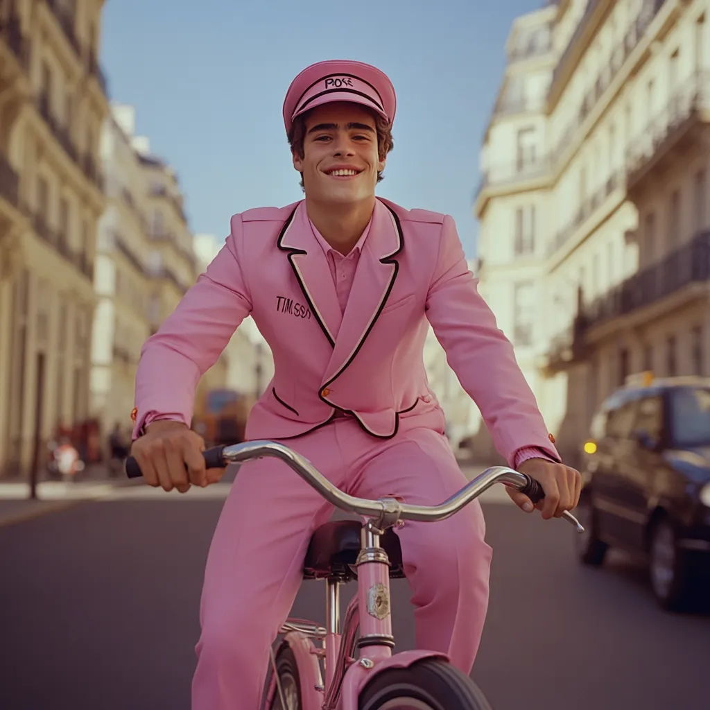 A young man in a bright pink suit and a matching pink cap rides a bicycle down a city street. He is smiling and looks happy.  His suit has a black trim and the words "Tim.S.S.O" are written on the jacket.  A car is passing by in the background.  The scene has a retro feel and the lighting is warm and inviting.