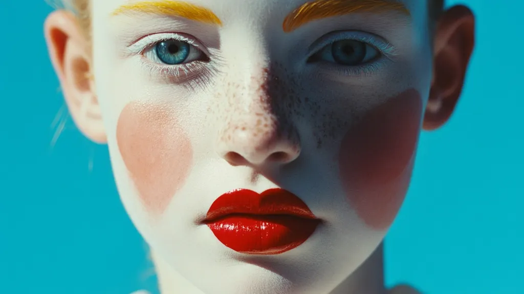 The image is a close-up of a person's face. The person has pale skin and bright blue eyes. They have a heart-shaped blush on each cheek and yellow eyebrows. Their lips are a bright red and they are looking directly at the camera. The background is a vibrant turquoise color. The image is likely from a fashion shoot or a portrait session.