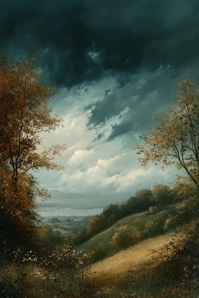 The painting depicts a serene landscape with a rolling hill in the foreground and a distant lake in the background. The sky is filled with fluffy clouds, hinting at a passing storm. The trees are a mix of green and brown, adding to the beauty of the scene. The overall tone is peaceful and tranquil.  The image evokes a sense of calm and serenity.