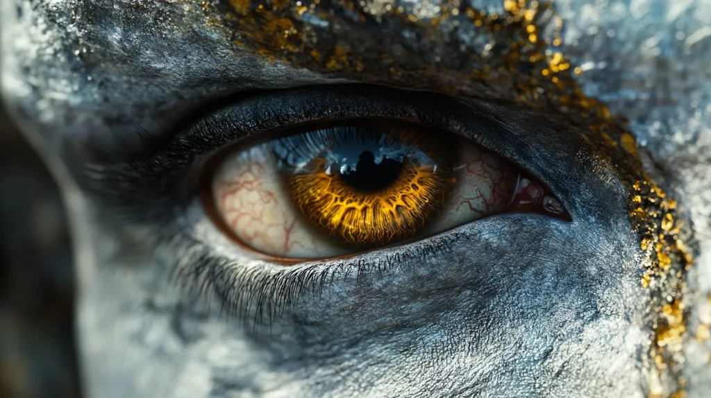 The image is a close-up of a human eye with a bright yellow iris. The eye is surrounded by gray skin with golden glitter. The eye looks intense and alert, suggesting a powerful and perhaps dangerous being. The image is likely a piece of fantasy art.
