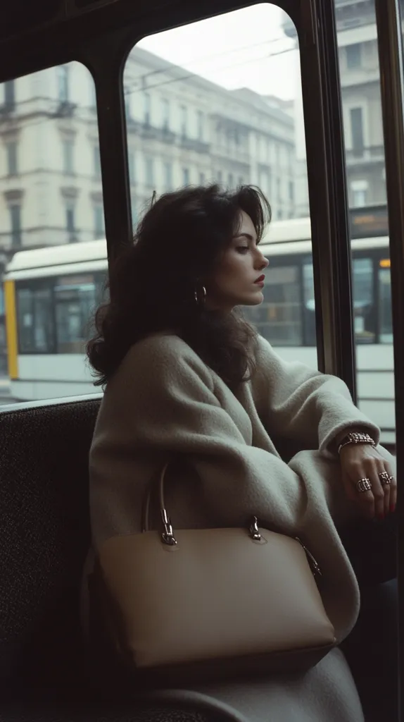 A woman with long dark hair sits in a bus, looking out the window. She is wearing a light colored coat and a brown leather handbag. The bus is traveling past a city with blurred buildings in the background. The image has a moody and atmospheric feel.