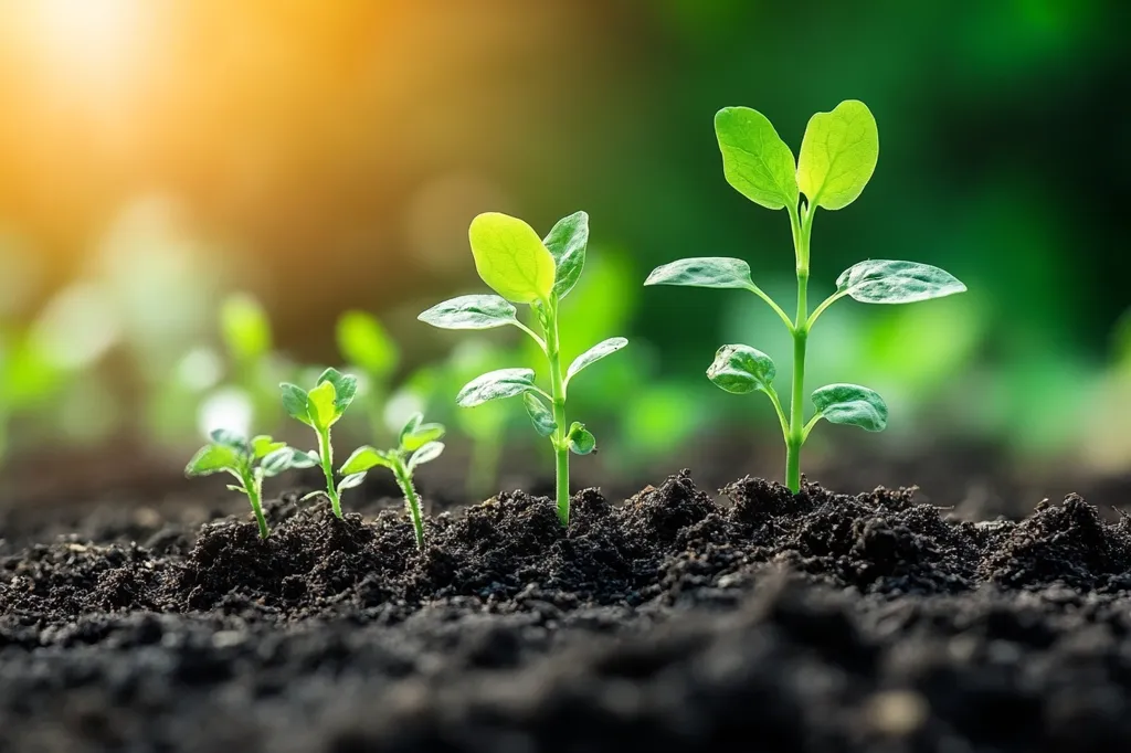A row of five small plants are growing in rich, dark soil. The plants are in different stages of growth, with the tallest one standing out.  They are bathed in soft sunlight, their green leaves reaching towards the sky. The background is a blur of greenery, suggesting a natural and fertile environment.  The image captures the beauty of new life and the potential for growth.