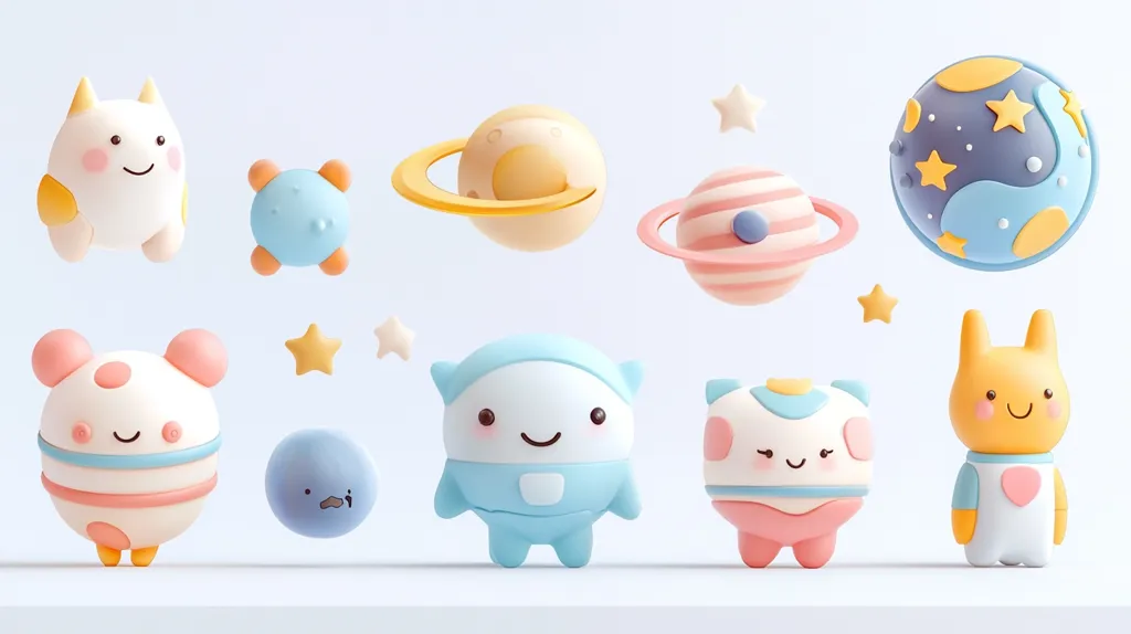 A collection of cute, cartoon-like characters and planets in a pastel color scheme. There are two planets with rings, a blue planet with stars, a white planet with pink dots, and four adorable characters, including a blue astronaut, a white cat-like creature, a pink and blue creature, and an orange bunny-like character.  All the characters have smiling faces and round, friendly shapes. The scene is set against a light blue background.