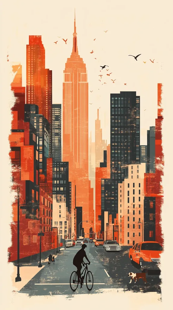 A city street in New York City is illustrated in an abstract style.  The dominant building is the Empire State Building, which is depicted in orange with a few birds flying overhead.  A person rides a bicycle in the street below the towering buildings, with the street textured to look like aged pavement.  The overall scene is evocative of the energy of the city.