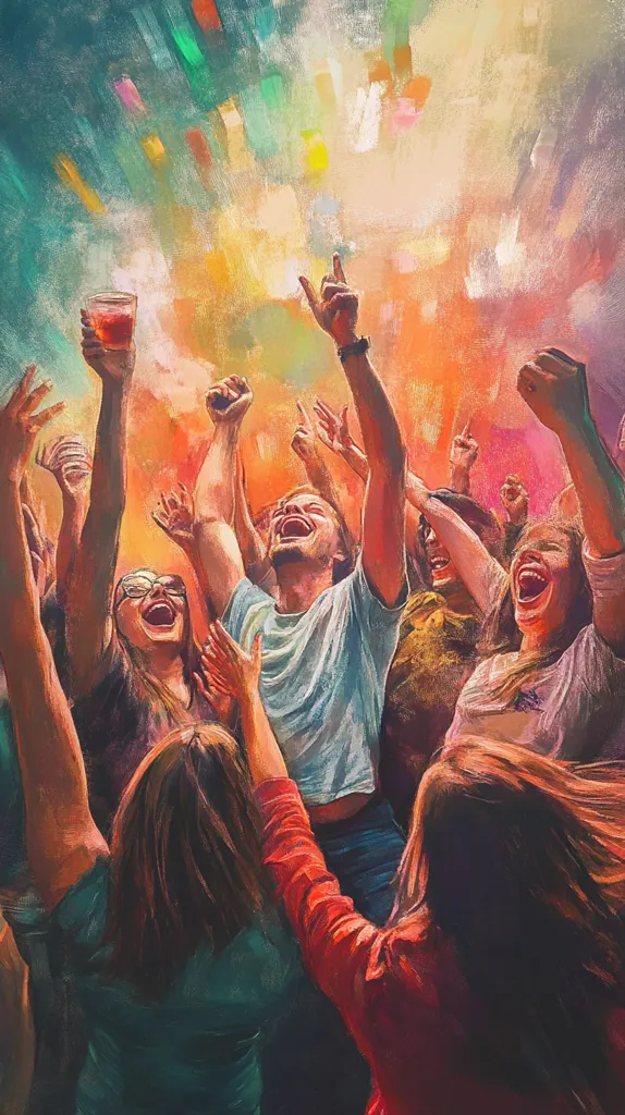 A group of people are celebrating, their arms raised in the air. The crowd is vibrant and full of life, with bright colors and a sense of excitement. The painting captures the energy of a live music event or concert.