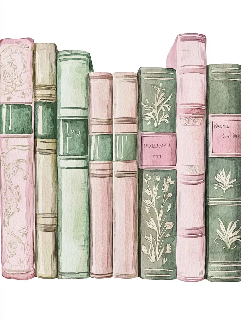 A watercolor illustration of a row of vintage books with pink and green covers. The books are arranged in a line and have intricate floral designs and gold lettering. The books are depicted in a realistic style, with the detail of the spines, edges, and textures of the paper being meticulously illustrated. The colors are muted and gentle, evoking a sense of age and nostalgia.  The image portrays a sense of quiet contemplation and the beauty of literature.