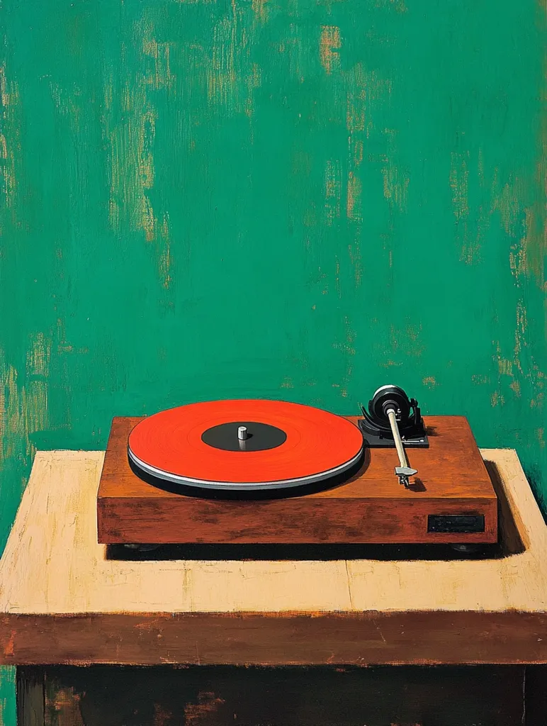 A vintage turntable sits on a wooden table against a green wall. The turntable is made of wood and has a red vinyl record on the platter. The tonearm is raised, and the turntable is ready to play music.  The green wall adds a simple and minimalist touch to the scene.