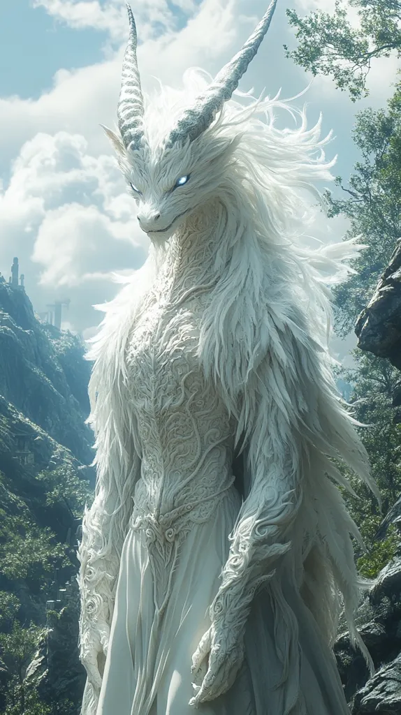 A majestic white dragon, with long horns and a flowing mane, stands against a backdrop of lush green mountains and a cloudy sky. Its scales are intricately detailed, and its eyes glow with an ethereal light. The dragon's powerful presence commands attention as it surveys its domain.