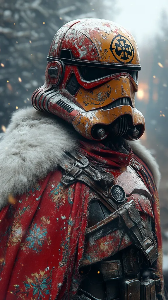A weathered and battle-scarred stormtrooper stands against a snowy backdrop. Their helmet, a mix of red and yellow, is adorned with a stylized symbol. A thick, fur-lined cloak drapes over their shoulders, adding a touch of regal defiance. The soldier's worn armor and the snow-covered landscape create a sense of harsh and unforgiving war.