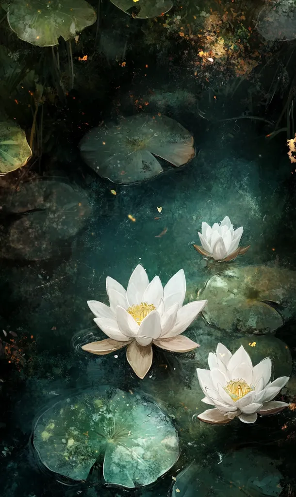 A serene painting depicting a pond with three white water lilies in bloom.  The lilies are surrounded by large green lily pads, and the water is a deep, rich green.  The background is dark and mysterious, with hints of light filtering through the leaves. The image evokes a sense of peace and tranquility.