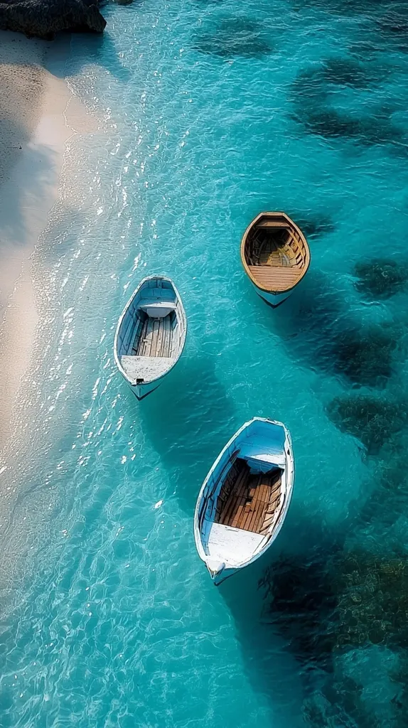 Three small wooden boats float in crystal clear turquoise water. The boats are anchored near a sandy shore. The water is so clear that you can see the bottom. The image is taken from a high angle, giving a bird's eye view of the scene.  The boats appear very small in relation to the vast expanse of water.