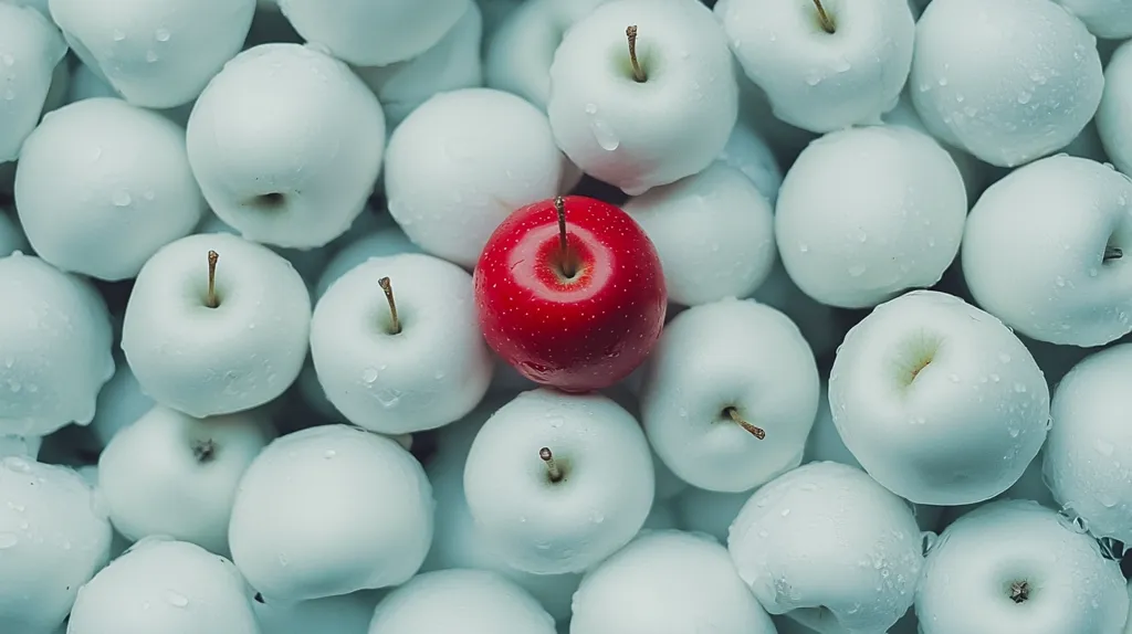 The image shows a group of white apples with a single red apple in the middle. The white apples are arranged in a circular pattern, creating a stark contrast with the red apple. The red apple is slightly out of focus, suggesting that it is the focal point of the image. The image evokes a sense of isolation and difference.