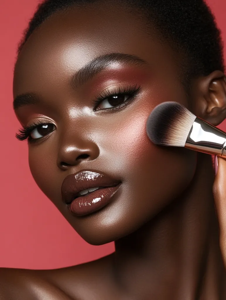 A close-up portrait of a Black woman with dark, glossy lips and heavy eye makeup. She is wearing a touch of blush on her cheekbones. A makeup brush is being used to apply makeup on her cheek, creating a soft, diffused look. The background is a solid, bright red color.  The image is focused on her features, highlighting her beauty and highlighting the  glamour of a polished look.