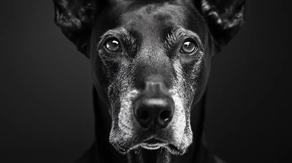A black and white close-up portrait of a dog's face. The dog is looking directly at the camera with large, dark eyes. The image focuses on the dog's wrinkled face, showcasing the signs of age and wisdom. The dog's nose is prominent, and its fur appears soft and textured. The background is blurred, drawing attention to the dog's expressive face. The image evokes a sense of curiosity, loyalty, and the passage of time.