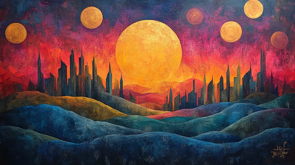 A stylized painting depicts a cityscape silhouetted against a vibrant sunset with an oversized moon. The sky is filled with multiple celestial bodies, painted in shades of gold and purple. The foreground features rolling hills in shades of blue and green. The artwork has a surreal and dreamlike quality, emphasizing the beauty of the natural world.