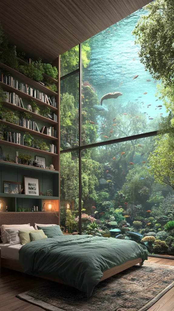 A bedroom with a large window looking out onto a lush underwater scene. The bed is made with a green duvet and pillows. The room is decorated with a bookshelf filled with books and plants. Sunlight streams in through the window, illuminating the room and creating a peaceful atmosphere.  The underwater scene is full of vibrant coral reefs and fish. The room is a serene and tranquil place to relax and enjoy the beauty of nature.