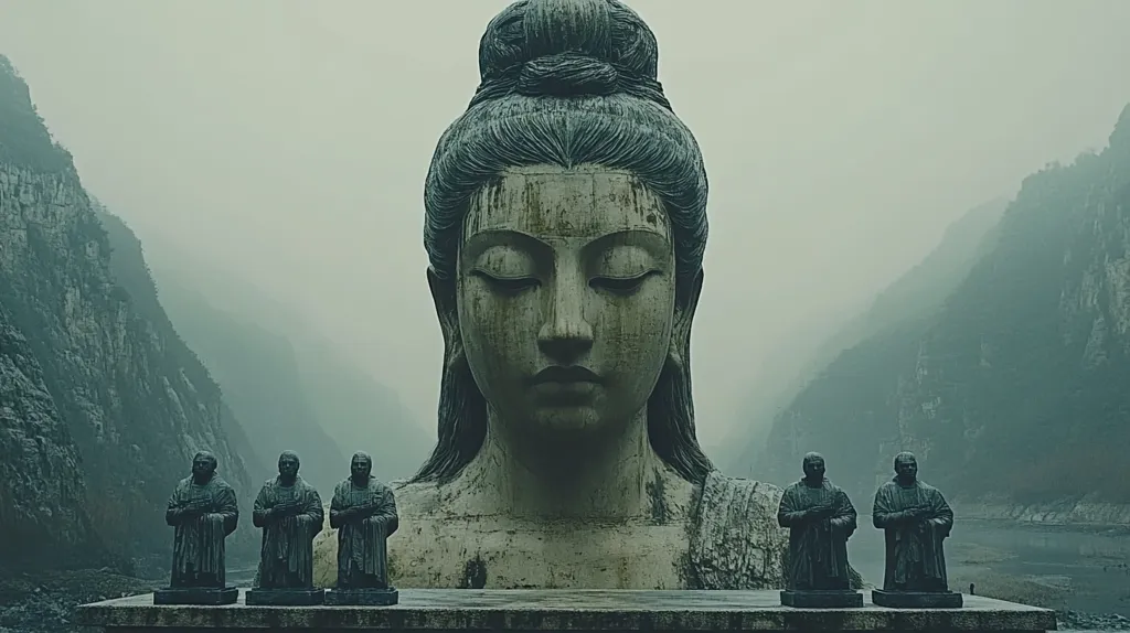 The image shows a large, imposing statue of a woman with her eyes closed, seemingly in meditation. The statue is situated in a mountainous landscape, with a river and fog adding to the atmosphere. Smaller statues of people stand before the larger statue, creating a sense of reverence and scale. The overall feeling is one of serenity and contemplation. The weathered texture of the statues and the misty setting enhance the image's spiritual and mystical qualities.