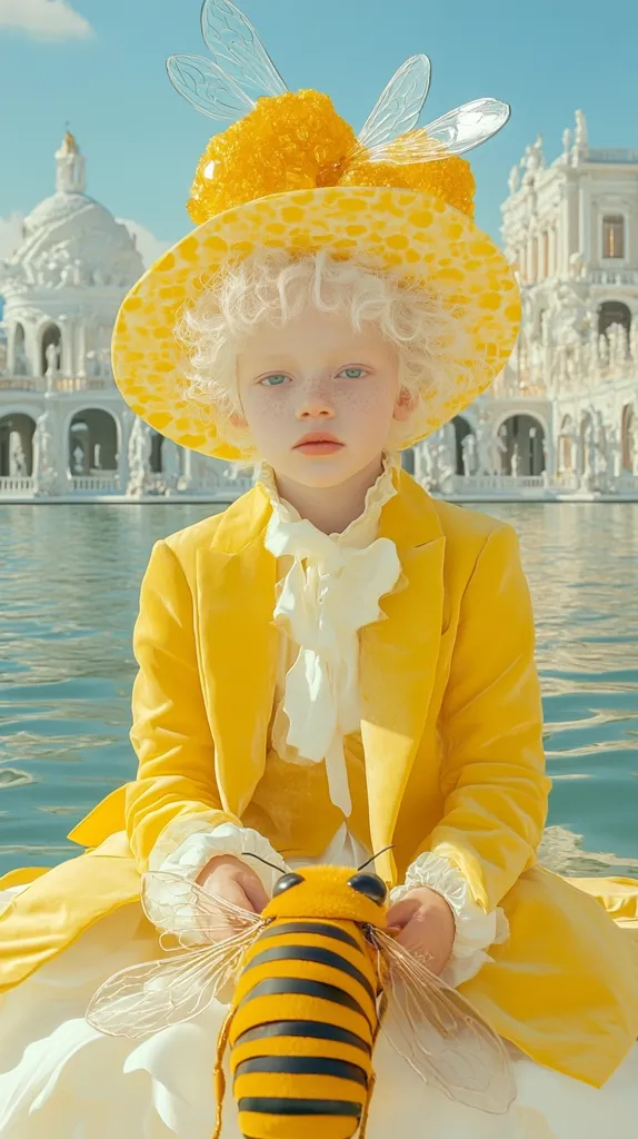 An albino child in various poses and expressions, 7 years old, with pale blue-gray eyes and white hair, surreal fantasy hairstyle, Andrea Brocca style dresses, fine velvet, silk, with bold patterns and lemon yellow color. The child is on a calm lake together with a big honeybee in yellow-brown color and striped pattern. In the background are surreal very large honeycomb-shaped white palaces with sparkling crystals and bee patterns in gold, which have a beautiful texture, in the sky white cotton candy clouds like in the fairy tale of Alice in Wonderland. A peaceful, dreamy and magical atmosphere just like Alice in Wonderland. Everything is arranged in a sweeping panorama in a harmonious composition. Please shoot from a slight bird's eye view so that all details are clearly visible without being too close together. surrealistic, dreamy mood, use of Kodak gold film for colour prints, Andrea Brocca style fashion, physical world, emotional connection, all details visible, hyperrealistic, high fashion, ambient occlusion, global lighting, hyperdetailed, --chaos 10 --ar 9:16 --style raw --personalize lmrmr8c --stylize 500 --v 6.1