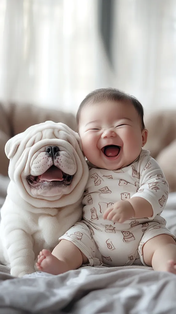 A baby in a white onesie with brown animal prints is laughing out loud while sitting on a light-colored bed. Next to the baby is a white bulldog with its mouth open in a happy expression. Both are looking at the camera. The image radiates warmth, joy, and innocence.