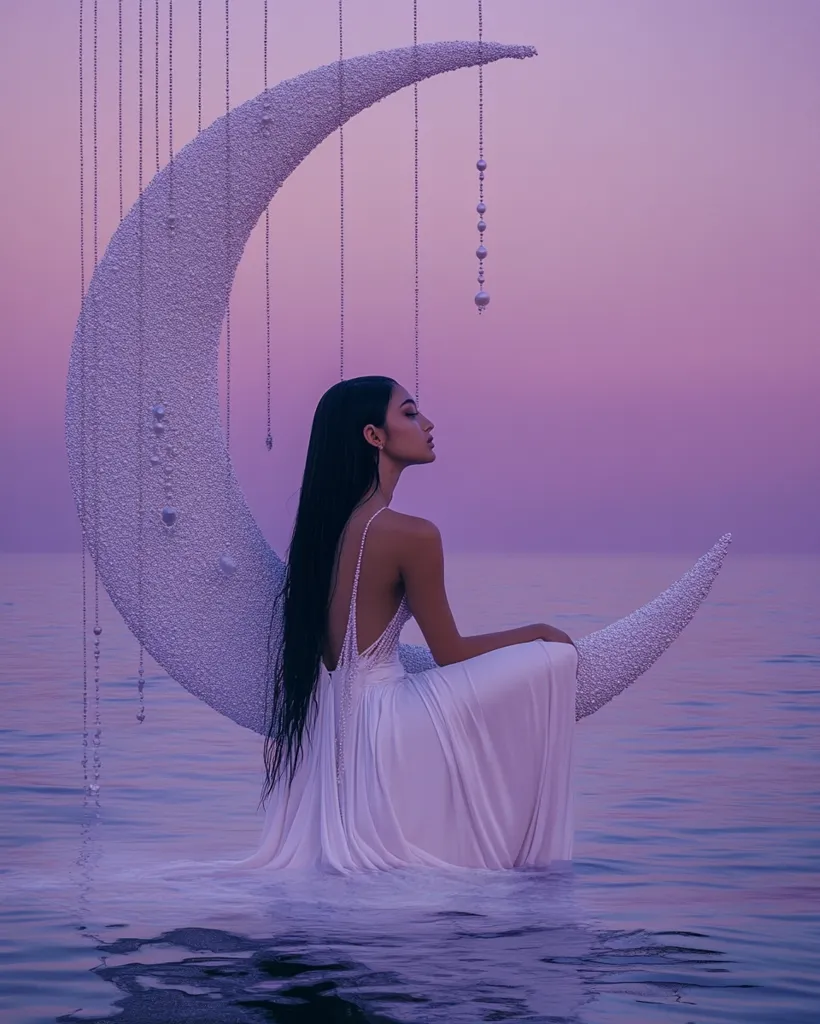 A woman with long dark hair, wearing a white dress, sits on a large, white crescent moon. The moon is suspended in the air above the water, with strings of pearls dangling from it. The sky is a soft purple and pink, creating a dreamy and ethereal atmosphere. The woman gazes out at the horizon, seemingly lost in thought. The image evokes a sense of peace and tranquility, suggesting a connection to the moon and the natural world.