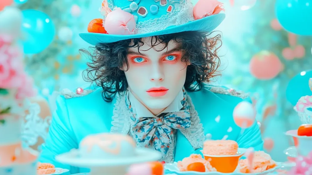 A young man with curly black hair, pale skin, and bright blue eyes, wears a blue and white hat with embellishments. He is dressed in a light blue, ruffled shirt with a bow tie and matching jacket. He sits at a table set for a tea party, with cakes and sweets visible in the foreground. The background is out of focus, showing a whimsical, pastel-colored scene with floating balloons and other decorations. The image has a dreamy, fairytale-like quality.