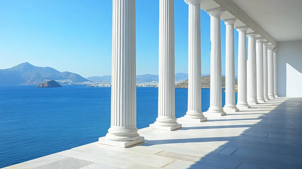 A row of white marble columns stand tall, framing a view of a serene blue sea stretching towards distant mountains. The sun casts long shadows across the pristine white floor, creating a sense of grandeur and tranquility. The scene evokes a timeless and classical atmosphere, reminiscent of ancient Greek architecture.
