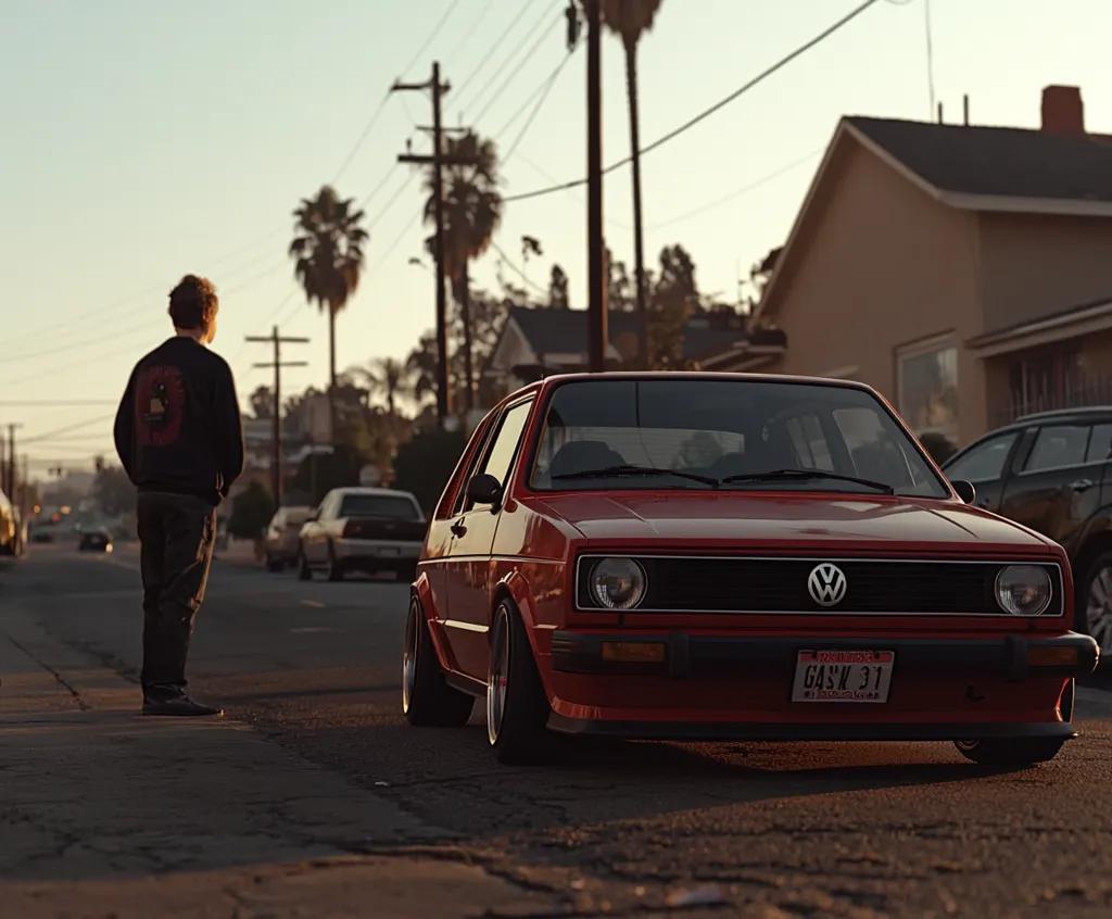 A red Volkswagen is parked on a street lined with palm trees. The car is in focus, while the background is blurred, creating a sense of depth. A man in a dark sweater is standing in the foreground, looking at the car. The setting sun casts a warm glow on the scene.  The image evokes a sense of nostalgia and quiet contemplation.