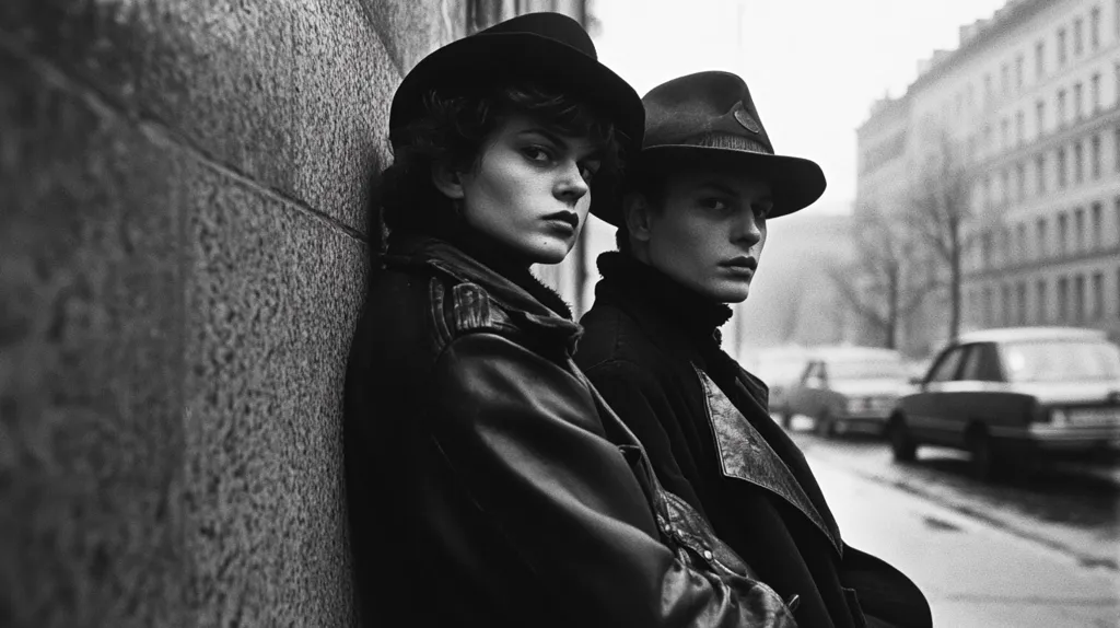 A black and white photograph of two young people, one female and one male, standing on a city street. They are both wearing hats and jackets. The woman is leaning against a wall. The man is looking straight ahead, while the woman is looking to the left. The background is a blurred cityscape. The photo has a gritty, urban feel.