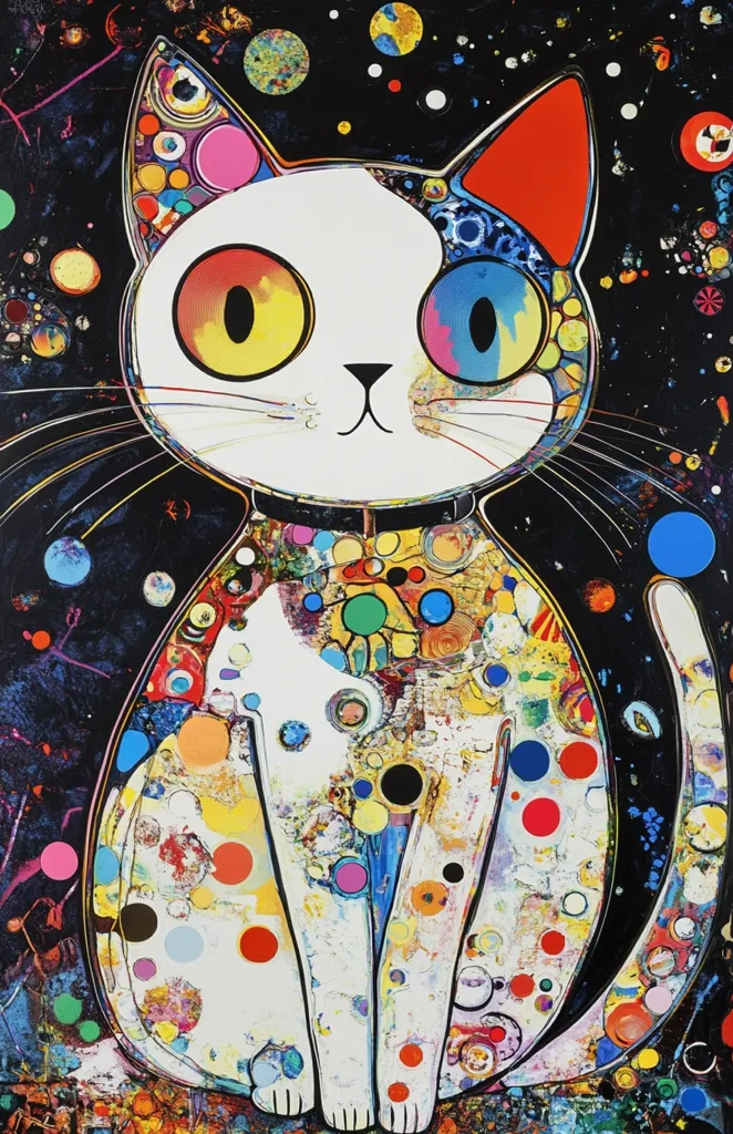 A white cat with one red and one blue eye sits against a black background with colorful polka dots and swirls. The cat’s fur is painted with a variety of colors and patterns, and it has a whimsical and playful expression. The image is vibrant and energetic, reflecting a joyful and carefree spirit.