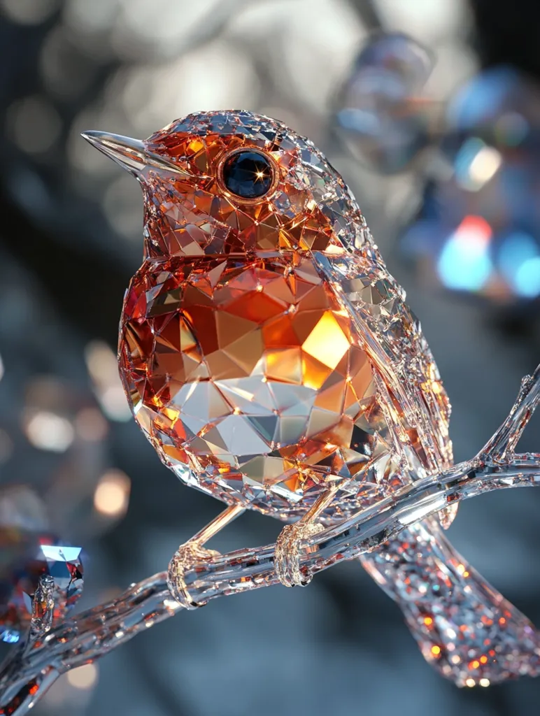 A crystal bird, crafted from numerous facets, sits perched on a branch. The bird's body shimmers with a myriad of colors, reflecting the light in a dazzling display. Its single, large, crystal eye gleams with a captivating intensity. The overall image evokes a sense of beauty, fragility, and the intricate artistry of nature.