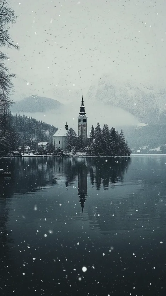 A snow-covered church stands on a small island in a still lake, surrounded by snow-laden trees. The scene is bathed in a soft, gray light, with snowflakes falling gently from the sky. The reflection of the church and the trees in the water create a peaceful and serene atmosphere.  The overcast sky and the quiet stillness of the water add to the wintry charm.