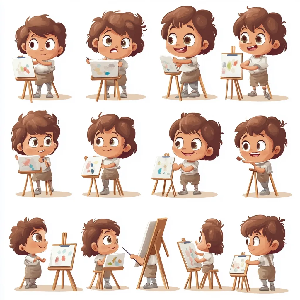The image shows ten cartoon children, all dressed in brown shirts and shorts, engaging in various art-related activities. They are positioned in front of easels, holding brushes, and looking at canvases with colorful paint. Some are smiling, while others have serious expressions. The children are all unique, with different hairstyles and poses, creating a charming and playful scene. The background is white, highlighting the children and their artistic pursuits.