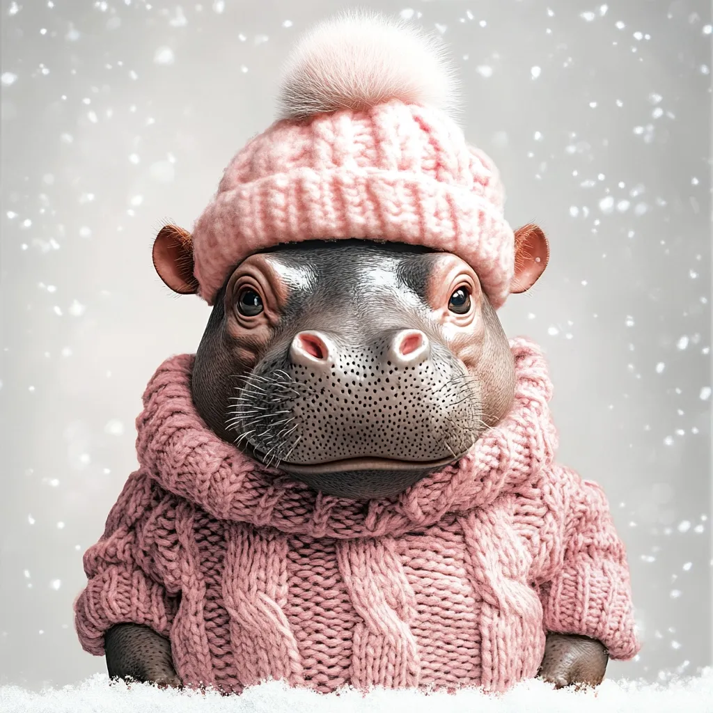 A hippopotamus is wearing a pink knitted hat with a white pom-pom on top and a pink knitted sweater. It is looking at the camera with a serious expression. The background is a blurry gray with white snow falling. The hippopotamus appears to be enjoying the cold weather.  It is a cute and humorous image of a hippopotamus dressed in winter clothing.