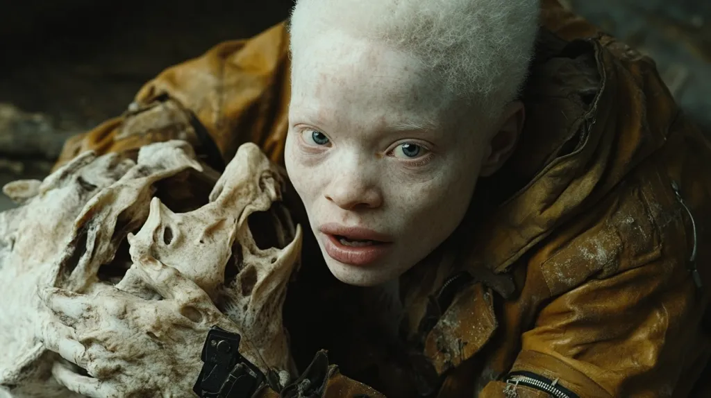 The image shows a close-up of a young woman with albinism, her pale skin contrasting with the dark background. She is wearing a worn, brown leather jacket, and she is looking directly at the viewer with a curious expression. To her left, a large, weathered, and intricately detailed skull is partially visible, partially hidden by her jacket. The image is filled with a sense of mystery and intrigue.