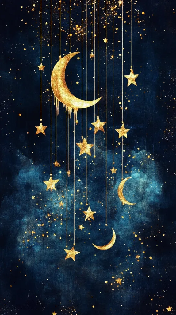 The image shows a dark blue night sky with a crescent moon and stars. The moon and stars are all gold and have a textured, almost dripping look to them. The moon and stars are suspended from strings that hang down from the top of the image. There is a feeling of whimsy and magic in the image. The background is a dark blue with a watercolor effect.