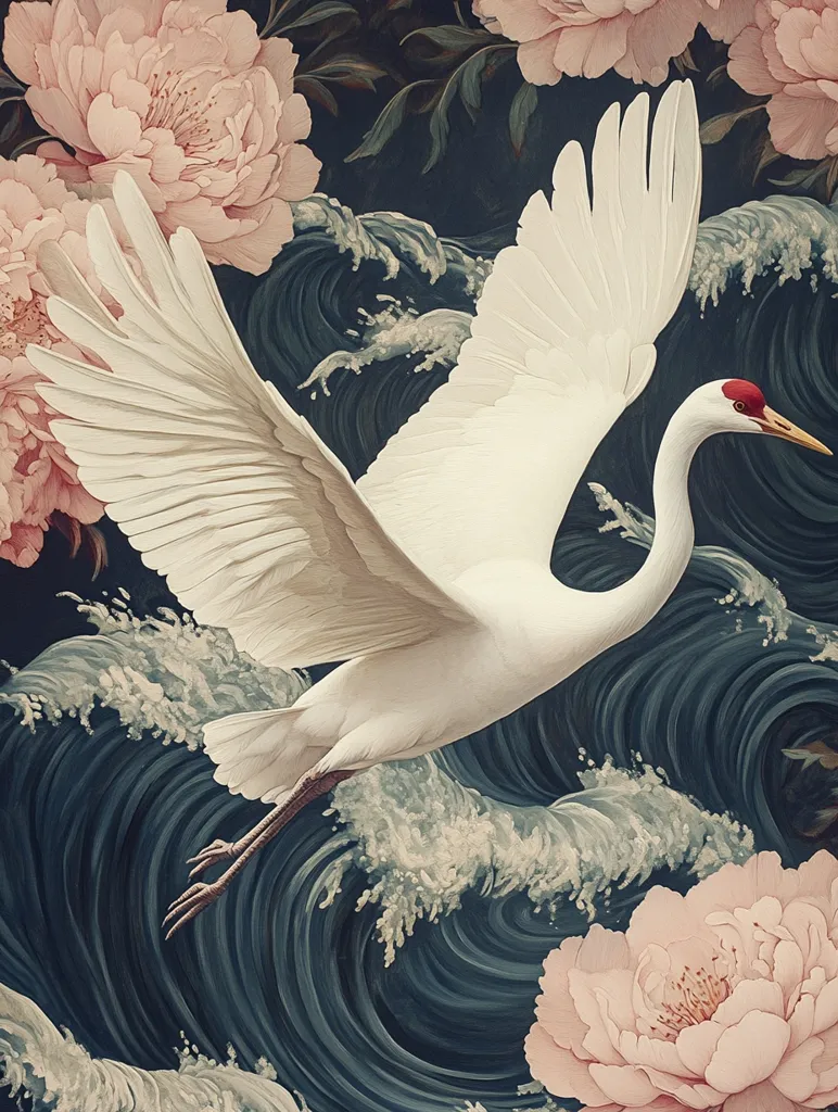 A white crane with red accents flies above a stormy sea, its wings spread wide. The sea is a deep blue, with swirling waves and foam.  Large pink peonies bloom on either side of the crane, adding a touch of tranquility to the dynamic scene.  The contrasting colors and textures create a beautiful and striking image.