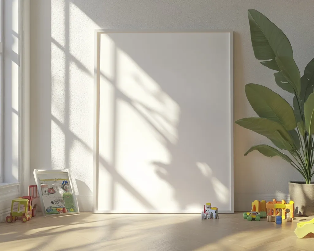A large, blank white frame is mounted on a white wall. Sunlight streams through a window, casting shadows on the wall and floor. A large green plant is to the right of the frame, and a few toy trucks and blocks are scattered on the floor in front of the frame. The room has a clean and minimalist aesthetic.