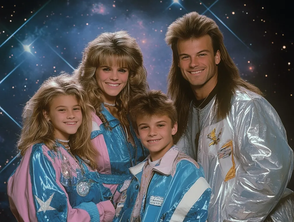 A family of four poses for a photo, all dressed in brightly colored, futuristic-looking jackets with silver accents. The parents have long, flowing hair, with the father sporting a popular 80s hairstyle, while the children have shorter hairstyles. They stand against a backdrop of glittering stars, adding to the space-themed feel of the image. The photo captures a snapshot of a family embracing the trends of the 80s, suggesting a sense of fun and optimism.