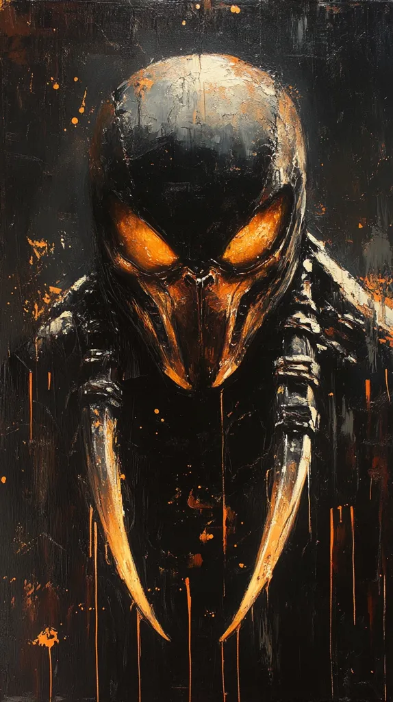 The image is a dark, abstract portrait of a masked figure. The figure's face is obscured by a black mask with sharp, angular lines, and its eyes glow with an orange light. The figure is framed by two long, curved blades that extend from its shoulders. The background is a dark, textured surface, with splatters of orange paint. The overall effect is one of mystery and menace.