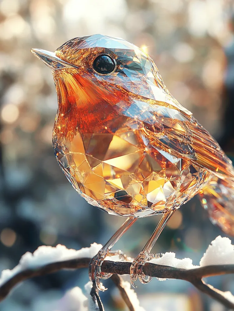 A crystal robin figurine sits on a snow-covered branch. Its body is made of many facets, reflecting light in a dazzling array of colors. The robin's eye is a deep black, contrasting against the golden hues of its body. The background is a soft blur of out-of-focus browns and greens, creating a sense of depth and warmth.