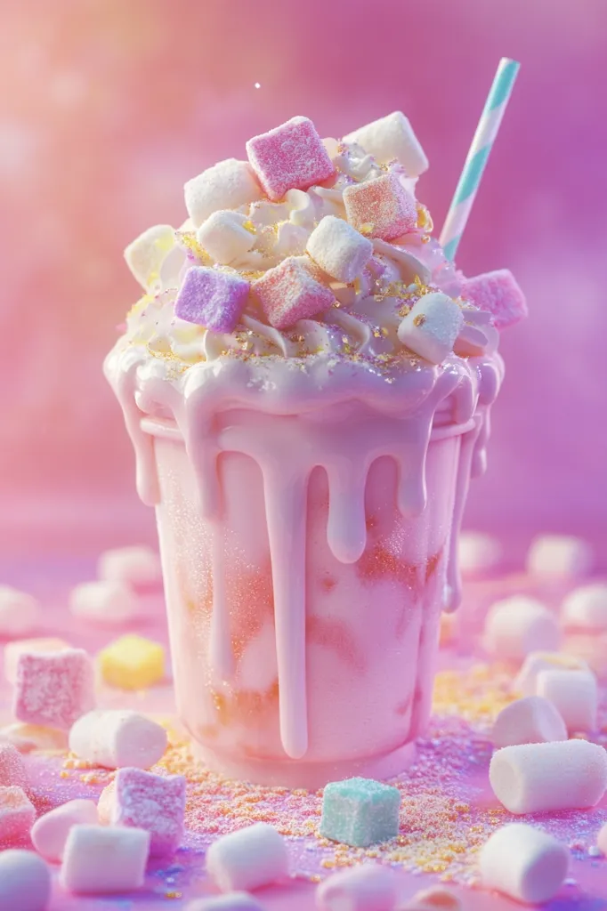 A pink milkshake topped with whipped cream, marshmallows, and sprinkles sits on a pink background. The milkshake is drizzled with white frosting and surrounded by scattered marshmallows. The image is bright and cheerful, showcasing a sweet and delicious treat.