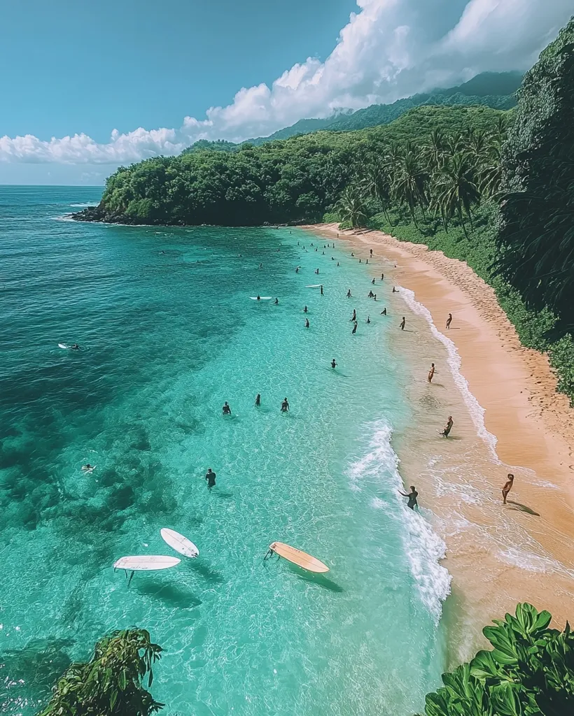 A tropical beach with crystal clear turquoise water and white sand, surrounded by lush green foliage and palm trees.  The sky is blue with white clouds, and people are enjoying the beach by swimming, sunbathing, and surfing.  A serene and beautiful scene, ideal for a relaxing vacation.