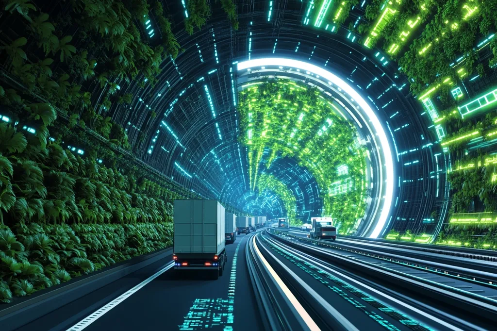 A futuristic tunnel lined with lush greenery and glowing neon lights. The tunnel is a circular design with a white glowing ring in the center.  Several white semi-trailer trucks drive down the highway within the tunnel. The image creates a sense of wonder and possibility.
